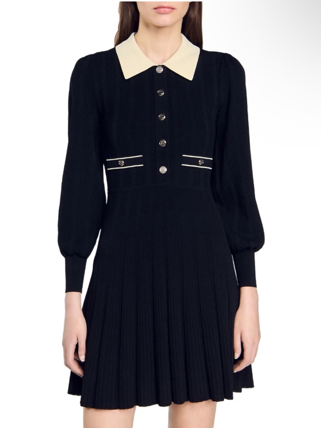 Sandro Black Knit Long Sleeve Dress With Cream Collar